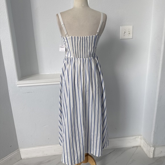 Nine West Midi Dress XS Blue White Stripe Cutout Smocked Back Coastal Beachy - Picture 6 of 15